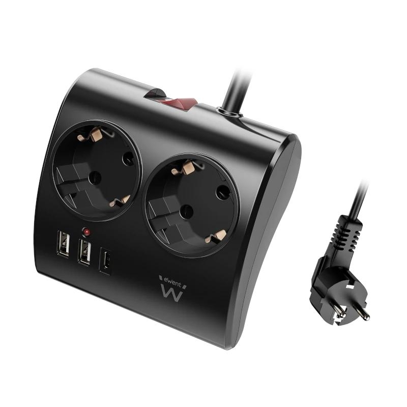 AELREG0120_800 EWENT EW3871 Regleta 2 Shucko 2 Usb-A 1 Usb-C Neg - Imagen 1
